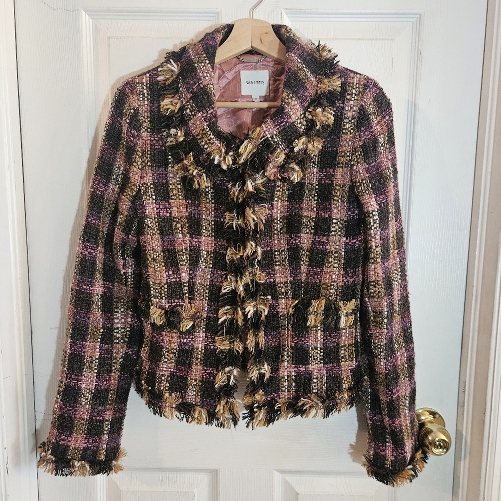 Walter Wool Blend Silk Lined Tweed Fringe Blazer Jacket Pink Plaid Size 6 Luxury
